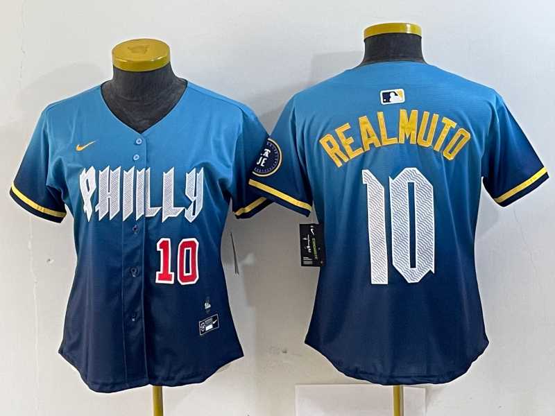 Womens Philadelphia Phillies #10 JT Realmuto Number Blue 2024 City Connect Limited Stitched Jersey